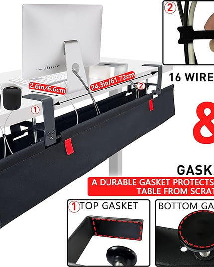 [Upgraded] Under Desk Cable Management, 28" Cord Organizer, with Silicone Pads (No Scratch!), 16 Cable Ties, Washable PE Honeycomb Base,Fits Any Desk 0-2.1", No Stinky Cardboard!Black