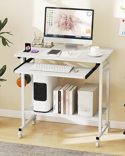 Tangkula Rolling Computer Desk Cart with Keyboard Tray, Mobile Portable Laptop PC Desk with CPU Stand & 3 Hooks for Sofa & Bed, Industrial Small Desk on Wheels for Small Spaces (White)