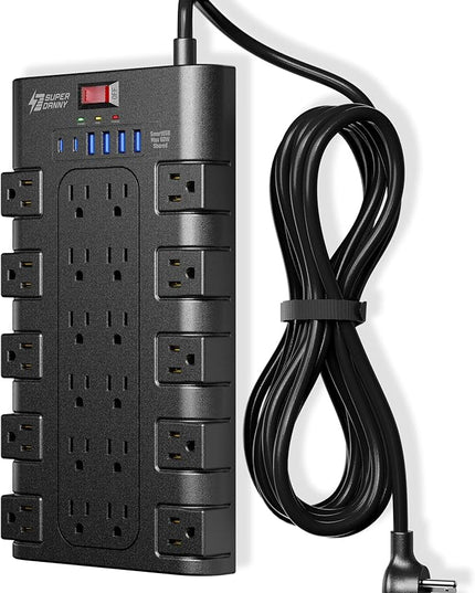 Surge Protector Power Strip, SUPERDANNY Charging Station 22 Outlets with 45W Type-C Fast Charging USB Ports, 4 USB-A, 2 USB-C, 2100J, 15A/1875W, 6.5Ft Flat Plug Extension Cord for Home Streaming Black