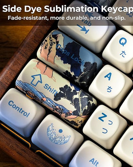 OHY XVX MOA Profile Japanese Fuji Mountain Theme Keycaps Set, 132 - Key Blue & Creamy White Custom Keycaps for US Layout Mechanical Keyboards -Blue and White