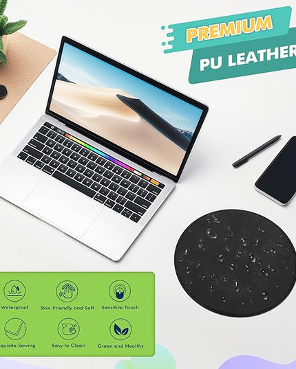 Mouse Pad，Round Mouse Pad，PU Mouse Pad，Leather Mouse Pad with Stitched Edge Micro-Fiber Base with Non-Slip Waterproof，Mouse Pad for Computers，Laptop，9 x 9 Inch (Black)