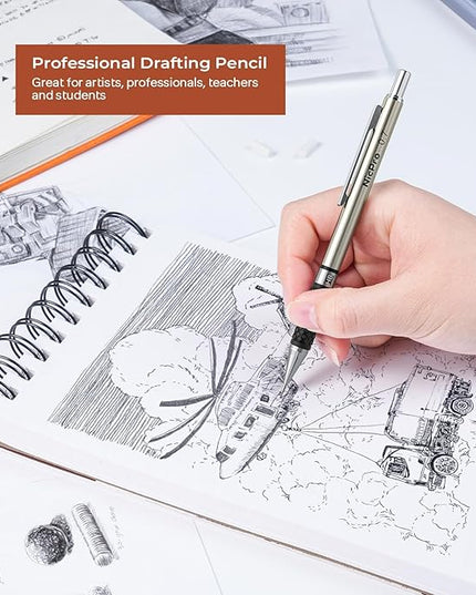 Nicpro 0.7 mm Art Mechanical Pencils Set, 6 PCS Metal Drafting Pencil 0.7mm Tube HB Lead Refills & 18 Cap Eraser for Adults, Children, Artist Writing, Drawing, Sketching, Black
