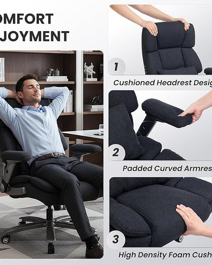 750lbs Heavy Duty Desk Chair with 3D Kneading Massage, Big and Tall Office Chairs with Ergonomic Support, 4D Armrests, 5 Quiet Dual Rubber Wheel, Thick Spring Cushion(Black-Fabric)