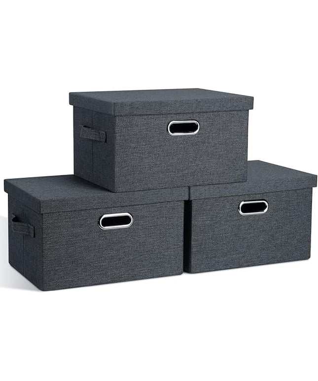 Medium 15" 21 Quart Collapsible Stackable Storage Bins with Lids, 3 Packs Dark Grey Foldable Fabric Closet Boxes Heavy-duty Linen Cube Baskets Container for Bedroom Office (15 x 11 x 8)