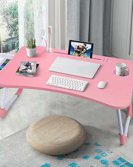 Slendor Lap Desk with Tablet Slot, Foldable Laptop Table with Storage Drawer for Bed，Portable Bed Desk for Laptop, Computer Tray with Cup Holder Notebook Stand Reading Holder for Couch Floor, Pink
