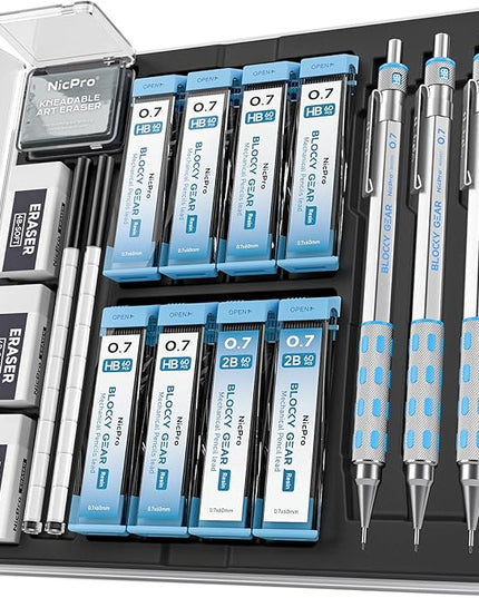 Nicpro 3 Pack Blocky Gear 0.7 mm Metal Mechanical Pencils Set with Case, Lead Drafting Pencil with 8 Tube (480PCS) Lead Refills(HB 2B), 4 Erasers, 18 Eraser Refills for Art Writing, Sketching Drawing