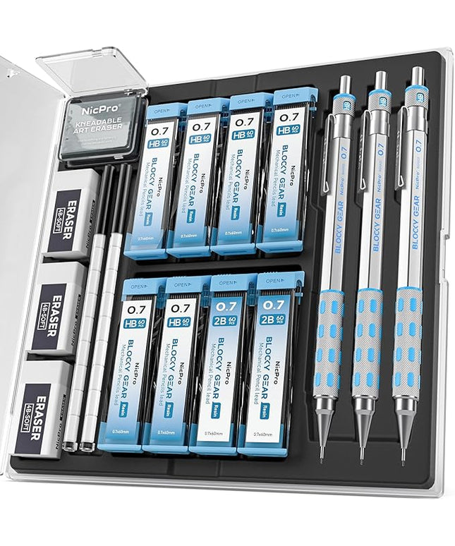 Nicpro 3 Pack Blocky Gear 0.7 mm Metal Mechanical Pencils Set with Case, Lead Drafting Pencil with 8 Tube (480PCS) Lead Refills(HB 2B), 4 Erasers, 18 Eraser Refills for Art Writing, Sketching Drawing