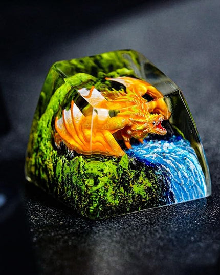 Orange Dragon with Waterfall Artisan Keycap R1 SA Profile Custom Fantasy Dragons Keycaps 1U ESC Handmade Gaming Resin Key cap Cherry MX Switch Compatible Mechanical Keyboard Gift for Dragon Lover