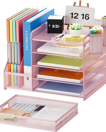 Marbrasse Desk Organizer with File Holder, 5-Tier Paper Letter Tray Organizer with Drawer and 2 Pen Holder, Mesh Desktop Organizer and Storage with Magazine Holder for Office Supplies(Pink)