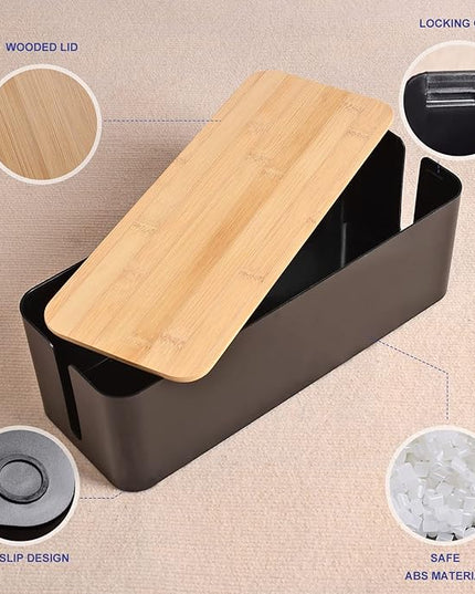 Cable Management Box - Wooden Style Cord Organizer Box to Hide Wires & Power Strips | Desk Computer Cable Organizer Box | Safe ABS Material | 12.6" (L) x 5.3" (W) 4.9" (H) | for Home & Office - Black