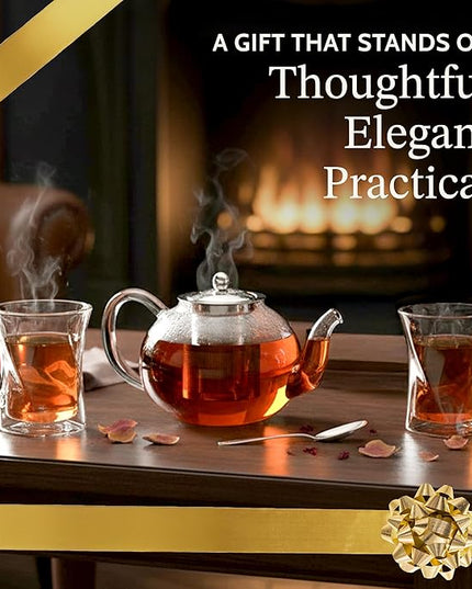 James Bentley Glass Coffee and Tea Set – Borosilicate Glass Teapot Set for Adults with 40oz Teapot & 4 Insulated Glasses, Stainless Steel Strainer for Bags and Loose Tea– Microwave, Dishwasher Safe