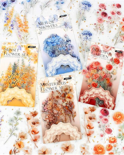 120 Pieces Vintage Transparent PET Floral Stickers for Journaling, 4 Styles Watercolor Flower Set, Decorative Sticker for Scrapbooking, Junk Journal Supplies, Collage