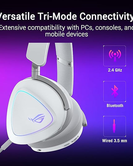 ASUS ROG Delta II Wireless Gaming Headset with Detachable Mic – Tri-Mode (BT, 2.4GHz, 3.5mm), 50mm Titanium-Plated Drivers, 110Hr Battery, Lightweight, for PC, PS5, PS4, Xbox, Switch, Mobile - White