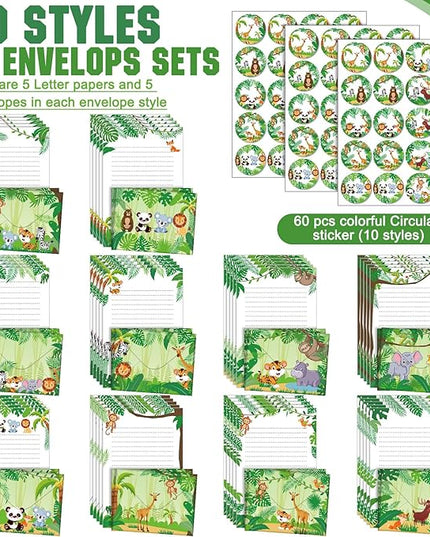 TaoBary 160 Pcs Stationery Paper Set 50 Double Sided Stationery Papers with 50 Matching Envelopes and 60 Round Dot Sticker, 10 Design(Safari Animal,5.5 x 8.25 Inch)