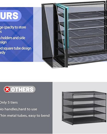 Simple Trending 6 Tier Desk File Organizer, Paper Letter Tray Organizer with File Holder and Pen Container, Black