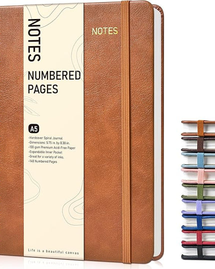 Lined Spiral Journal Notebook, A5 Hardcover Spiral Journals for Women Men, 150 Numbered Pages Spiral Bound Notebook, 100 GSM College Ruled Notebooks for Writing Note Taking 5.75" x 8.38", Brown