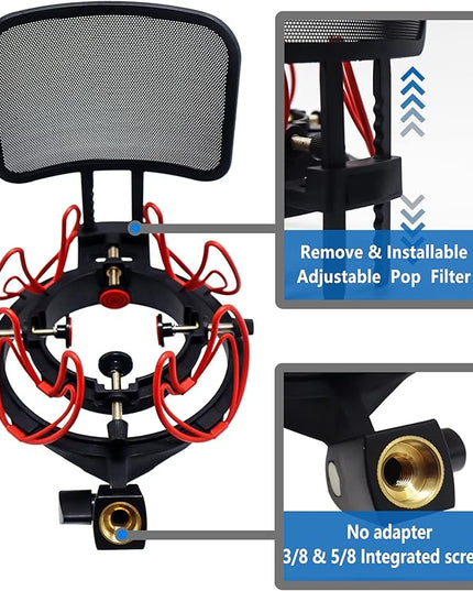 Microphone Shock Mount with Pop Filter Universal Shock Stand for Microphones Size at 21-62mm Anti-Vibration Mic Holder Clip Compatible with AT2020 MXL 990 770 Rode NT1-A Neumann 103(Red)