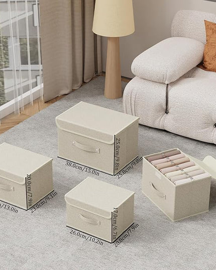 Storage Boxes, Collapsible Storage Bins with Lids, Cotton and linen cloth Storage Baskets with Handle, for Books, Closet, Bedroom, Home, 13x9.1x7.9 in, Grey and Beige