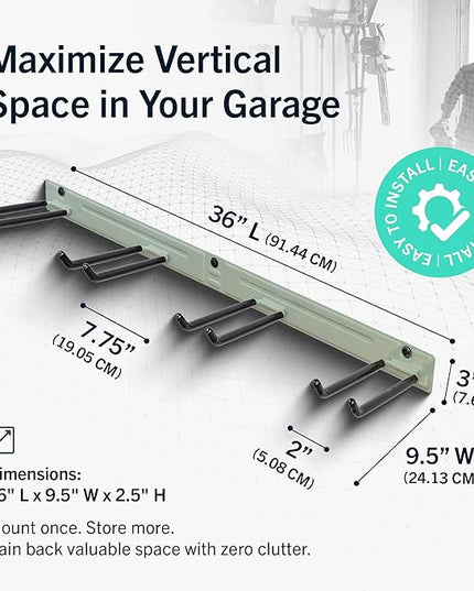 StoreYourBoard Wall-Mounted Rack With 4 Garage Hooks – Heavy-Duty Steel Holder Garage & Garden Storage for Shed, Workshop, or Home Organization – For Rakes, Shovels, Tools & More – 1 Pack, Cactus