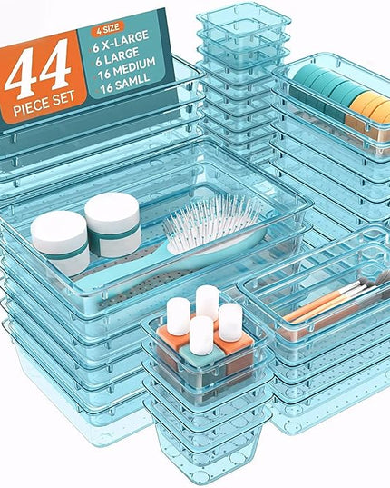 WOWBOX 44 PCS Clear Plastic Drawer Organizer Set, 6 Varied Size storage Bins and Desk Drawer Organizer Trays for Makeup, Gadgets, Jewelry and Utensils in Bathroom, Bedroom and Office, Clear Sea Blue