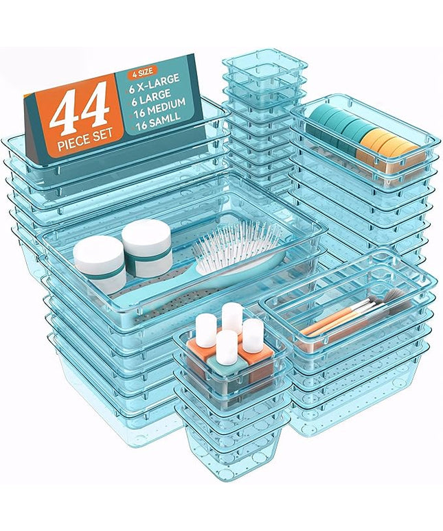 WOWBOX 44 PCS Clear Plastic Drawer Organizer Set, 6 Varied Size storage Bins and Desk Drawer Organizer Trays for Makeup, Gadgets, Jewelry and Utensils in Bathroom, Bedroom and Office, Clear Sea Blue