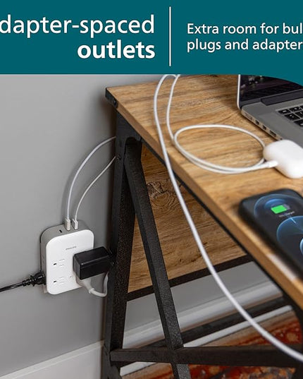 Philips All-in-One Surge Tap with USB, 4 Grounded & 4 Polarized Outlets, 2 USB-C & 1 USB-A Ports, 15W Shared, 1140 Joules, ETL Certified, White/Gray, SPP3155GW/37