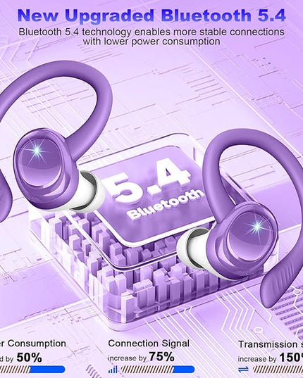 Wireless Earbuds Sport, 2025 Bluetooth 5.4 Headphones with Earhooks, 50H Stereo Deep Bass Over Ear Buds with 4 ENC Noise Canceling Mics, IP7 Waterproof Earphones for Running Workout Gym -Purple