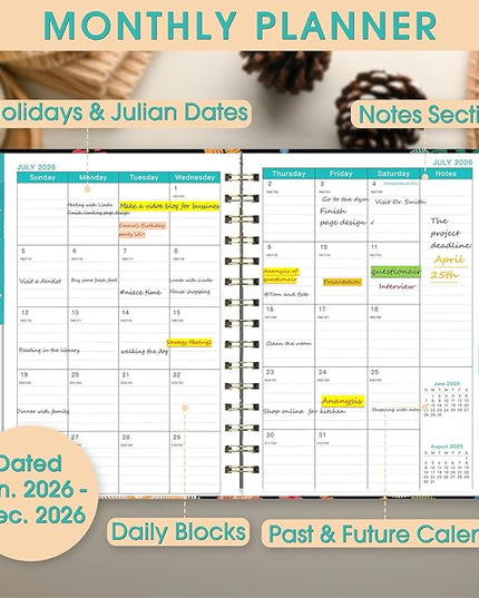 Ymumuda 2026 Planner, Daily Weekly and Monthly Planner，Jan 2026 - Dec 2026, 8.4" x 6.3", 2026 Calendar Planner Book with Tabs, Spiral Notebook with Inner Pocket for Office Home School Supplies