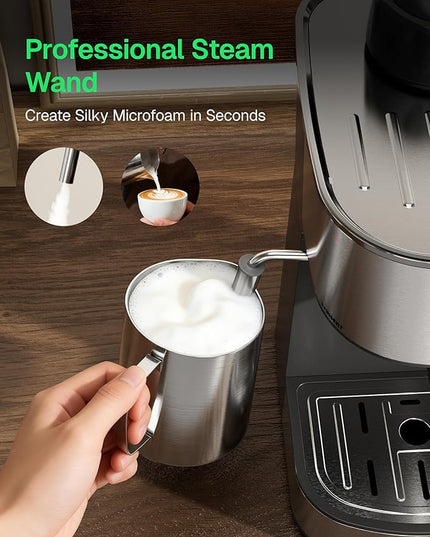 HBN Espresso Machine, 3.5Bar Cappuccino & Latte Maker, 2-4 Cup Stainless Steel Coffee Machine with Milk Frother, 800W Espresso Machine Maker with Steamer, Compact Coffee Maker for Home and Office