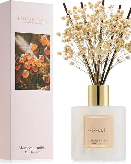 COCORRÍNA Reed Diffuser - Moroccan Amber 6.7 Fl.oz Reed Diffuser Set with Sticks & Preserved Baby's Breath, Reed Diffuser for Home Bathroom Shelf Decor
