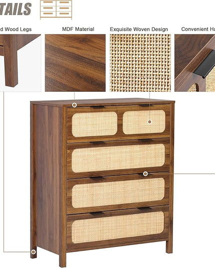 LEVNARY 4 Drawer Dresser Set of 2, Rattan Dressers Storage Cane Cabinet, Wooden Chest of Drawers Dresser for Bedroom, Entryway, Living Room (2, Walnut)