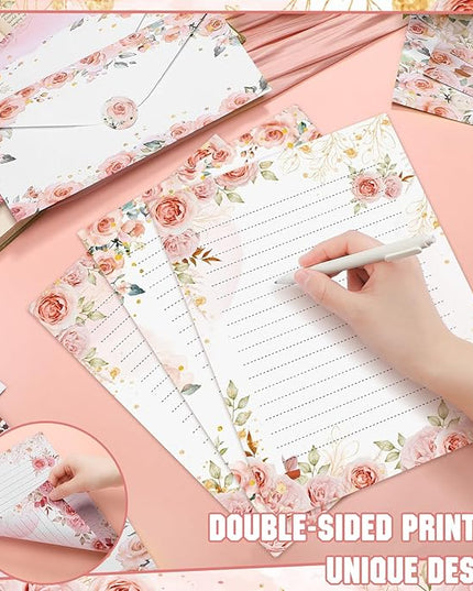 TaoBary 160 Pcs Stationery Paper Set 50 Double Sided Stationery Papers with 50 Matching Envelopes and 60 Round Dot Sticker, 10 Design(Floral,8.5 x 11 Inch)