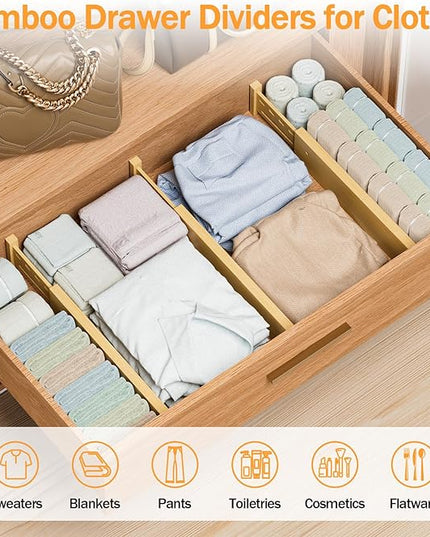 Bamboo Drawer Dividers 4" High, 12.8-18" Adjustable Drawer Organizers for Clothes,Expandable Dresser Separators in Bedroom/Kitchen/Bathroom/Office Organization and Storage,6 Pack