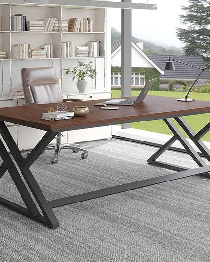 LVB Walnut Large Office Desk, Modern Long Wood Metal Computer Desk, Industrial Rustic Double Workstation Desk for Two People, Vintage PC Executive Work Study Writing Computer Table for Home, 78.7 in