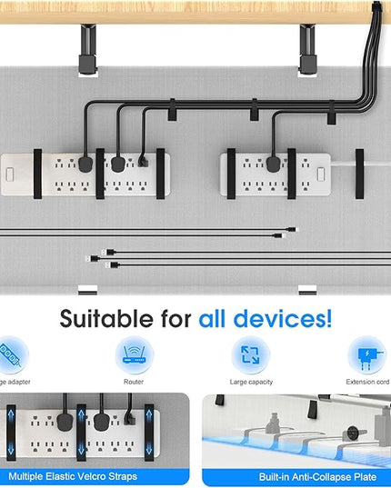 Under Desk Cable Management Tray, 30-inch No-Drill Cord Organizer with Anti-Sag Reinforced Base, Fabric Wire Management Hider for Standing Desk, Office & Gaming Accessories - Grey