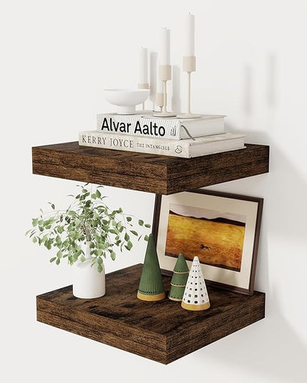 Fun Memories 12 Inch Floating Shelf, Rustic Wood Wall Shelves for Wall Decor & Storage, 12 x 12 Floating Shelf for Living Room, Bathroom, Bedroom, Rustic Brown, Set of 2