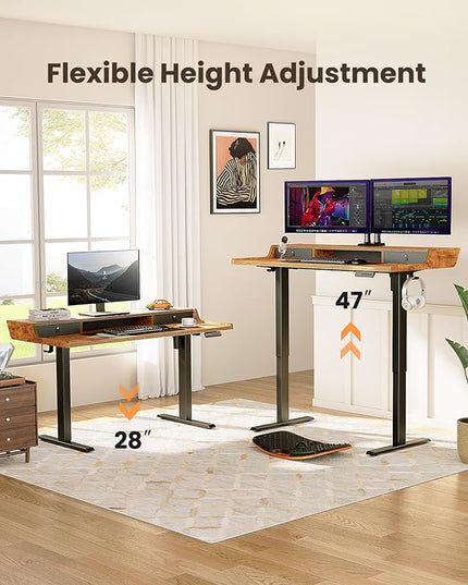 ErGear Electric Standing Desk with Drawers, 48″ x 24″ Gaming Table Compatible Monitor Stand, Stand up Desks, Home Office Height-Adjustable Desk with Storage Shelf, 4 Preset Heights, Vintage Brown