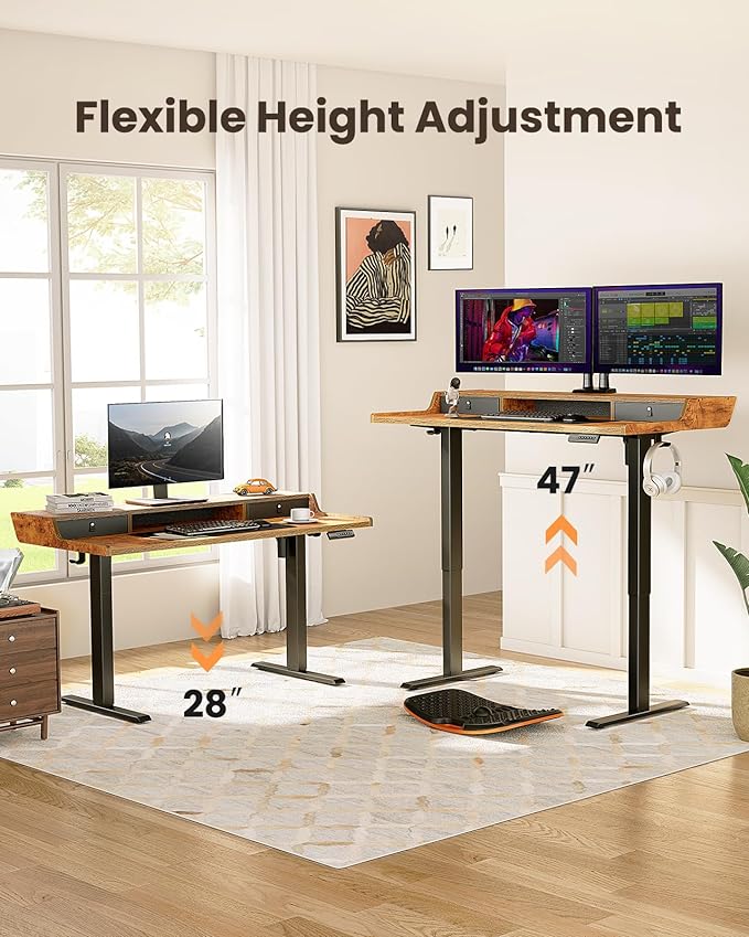 ErGear Electric Standing Desk with Drawers, 63″ x 28″ Gaming Table Compatible Monitor Stand, Stand up Desks, Home Office Height-Adjustable Desk with Storage Shelf, 4 Preset Heights, Vintage Brown