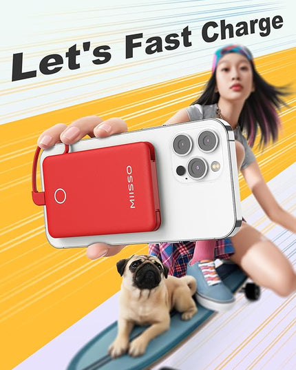 miisso 6000mah Ultra Slim Built in Cables Power Bank, Card Size Built in USB C Cords Battery Pack Portable Charger for Phones, 3 Output External Battery Pack Compatible with iPhone, Red