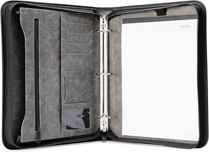 Forevermore Portfolios Portfolio Organizer - 1.5" 3 Ring Binder with Notepad - Zippered Storage Pouch for Papers, Travel Documents, Presentation Folder with Pockets for Card, Passport, Tickets - Gray