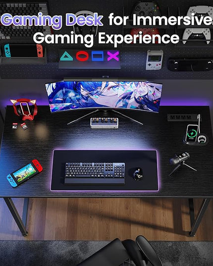 PRAISUN 40 X 20 Inch Computer Desk with Power Outlets and USB-C Port, Gaming Office Desk with Deeper Desktop, Writing Work Desk for Home Office, Study, Bedroom, Work from Home Desk, Metal Frame, Black