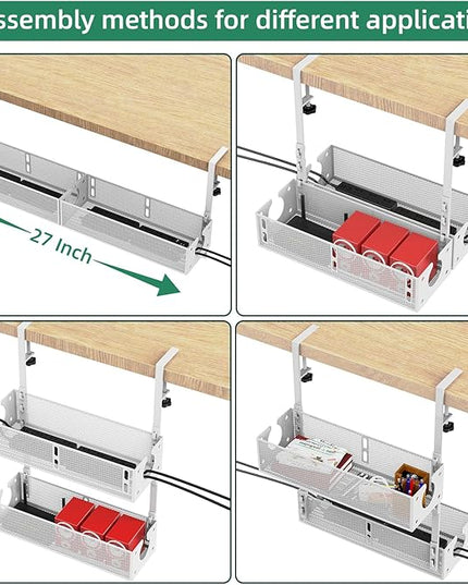 Multi-Model Under Desk Cable Management 2 Pack Metal Under Desk Wire Management Tray Clamp Mount Under Table Cord Management No Damage The Desk White