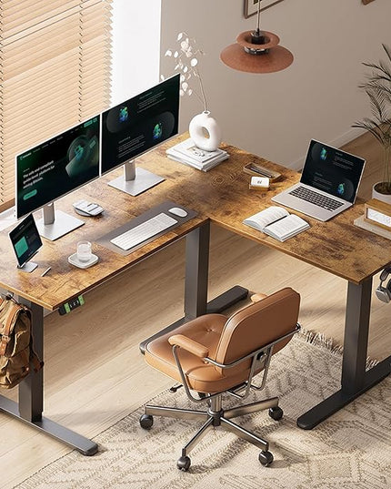 Claiks L Shaped Height Adjustable Electric Standing Desk with Dual Motors and Headphone Hook, 59" Corner Sit Stand Desk with Memory Presets for Home Office & Gaming, Rustic Brown