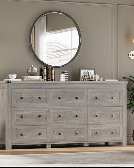 BORNOON 9-Drawer Dresser, Modern Wooden Storage Chest of Drawers, Dresser TV Stand, Wood Drawer Organizer with Metal Handles for Bedroom, Living Room, Hallway