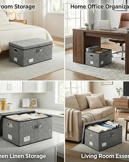 PRANDOM Storage Bins with Lids [3-Pack] Linen Fabric Foldable Storage Boxes Organizer Containers Baskets Cube with Cover Grey(23.4X15.9X11.4)