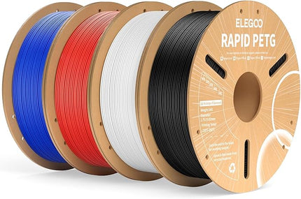 ELEGOO Rapid PETG Filament 1.75mm Bundle 4KG, High Speed 30-600mm/s 3D Printer Filament Accuracy +/- 0.02 mm, 1kg Cardboard Spool(2.2lbs), Fits for Most FDM 3D Printers(Black, White, Blue, Red)