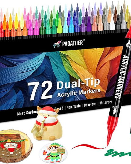 72 Colors Acrylic Paint Markers, Dual Tip with Fine Tip and Brush Tip Pens for Stone, Wood, Calligraphy, Canvas, Ceramic, Metal, Glass, Rock Painting, DIY Crafts