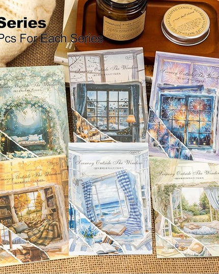 AuriicLeaf Window Scenery PET Sticker Set, 60Pcs Large Landscape Stickers for Scrapbooking, Journaling, Junk Journal Supplies, and DIY Crafts