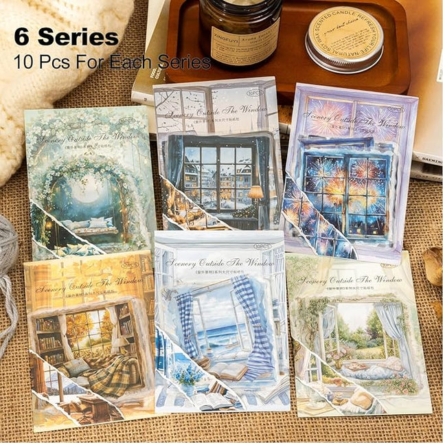 AuriicLeaf Window Scenery PET Sticker Set, 60Pcs Large Landscape Stickers for Scrapbooking, Journaling, Junk Journal Supplies, and DIY Crafts