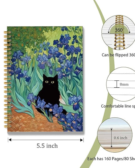ROXMART Irises Floral Black Cat Spiral Notebook, Black Cat Gifts Journal, Cats Lover Gifts for Women, Abstract Flower Field Kitty Kitten Hardcover Notebook Journal, 5.5x8.3 Inch